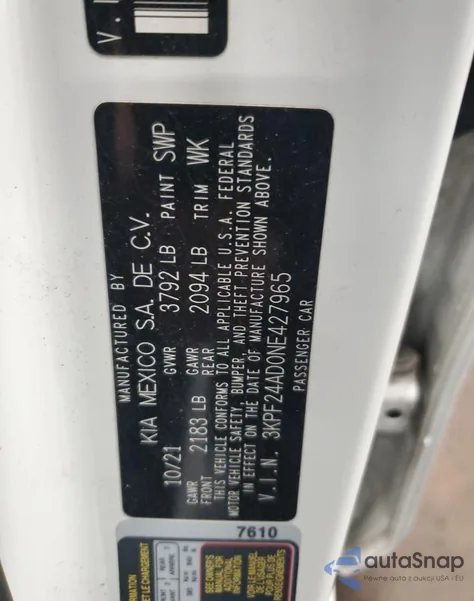 2022 Kia Forte Fe from USA, damaged, VIN 3KPF24AD0NE427965